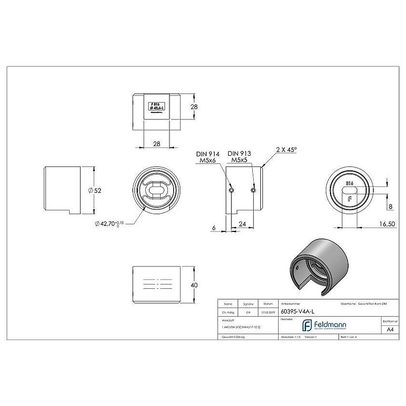 Wandbefestigung für Nutrohr 42,4mm, links, V4A