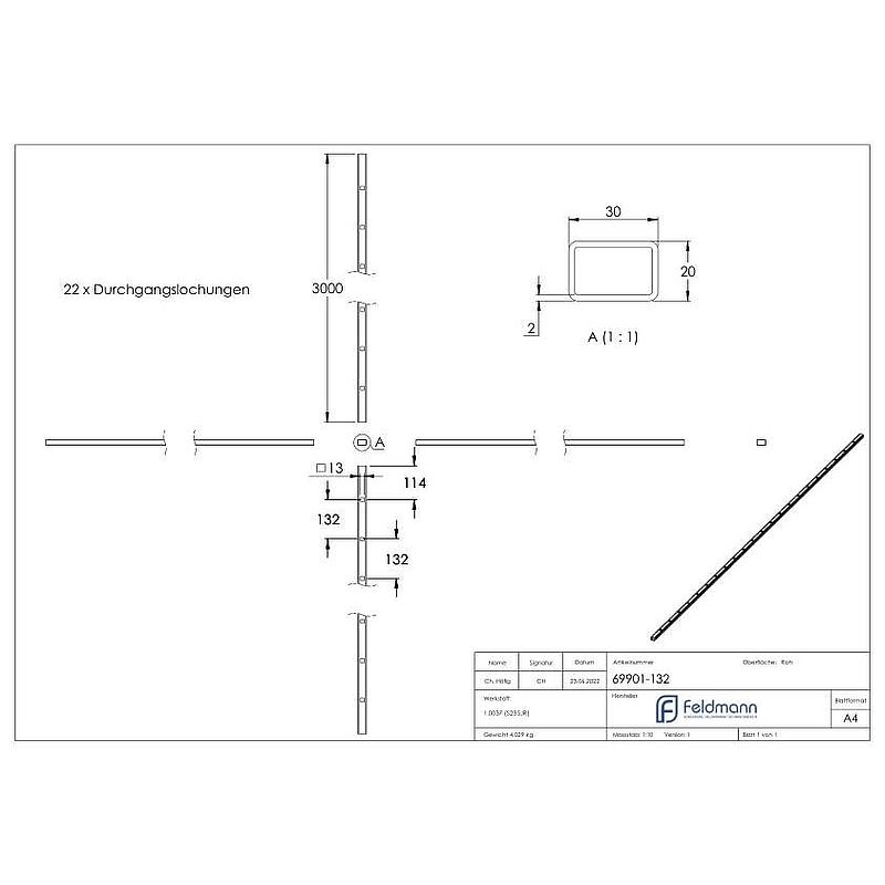 Rectangular tube 30x20x2mm, perforated f. square 12x12mm , dist. 132mm, L: 3000mm