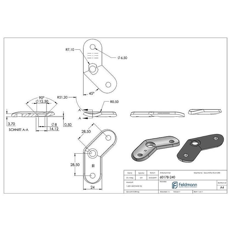 Handlaufanschlussplatte 135°, 42,4mm, V2A