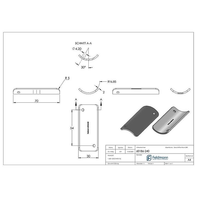 Handlaufanschlussplatte, 33,7mm, V2A