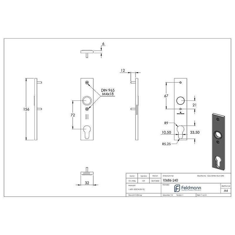Long backplate, dimensions: 32x156x6mm, AISI304