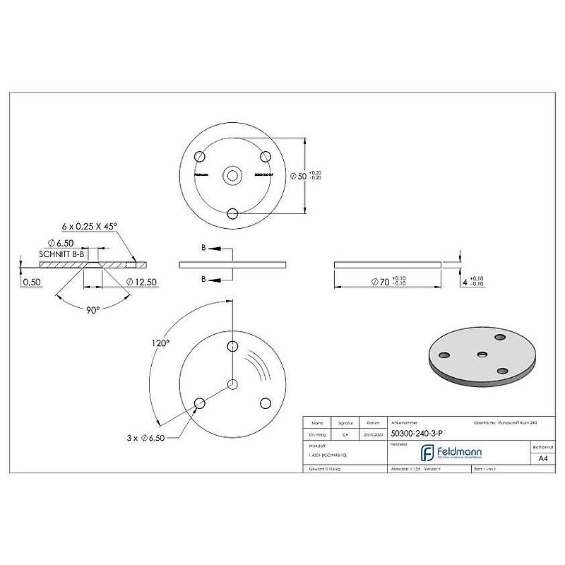 Round plate Ø 70x4mm, with round grinding, AISI304