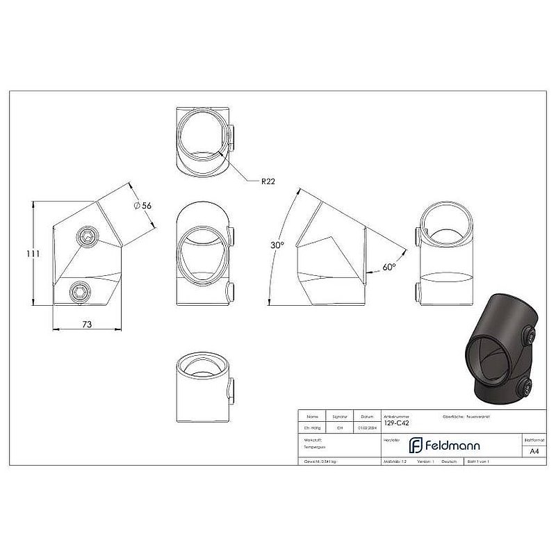 Raccord en T, angles de 30° et 60°, pour tube Ø 42,4mm