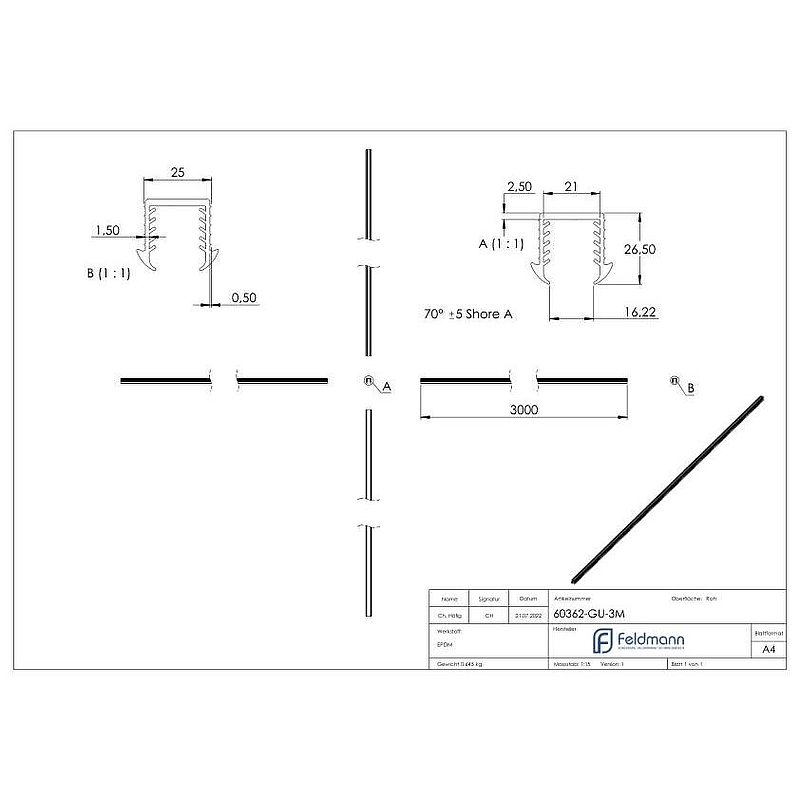 Wedge seal for glass 16.76 - 17.52mm, for groove 24x24mm, 3m