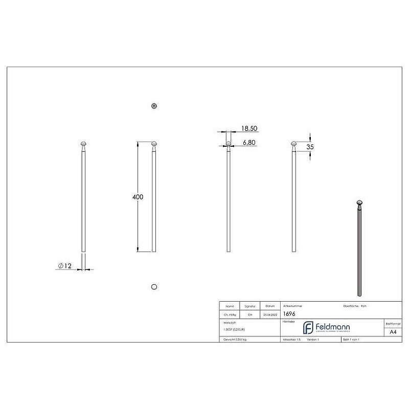 Barre de clôture Ø12mm, H : 400mm, bout conique et ornement semi-ciculaire