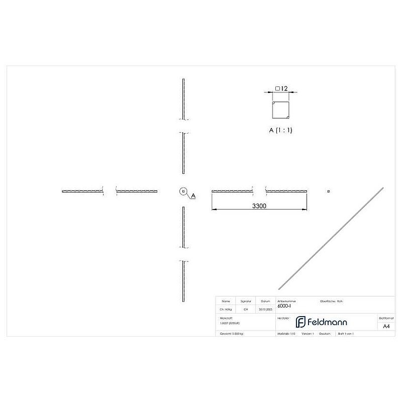 Vierkant S235JR, 12x12mm, L: 3300mm