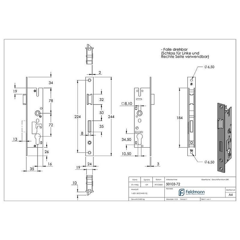 Serrure pour profils tubulaires zingué, entraxe 72 mm zingué, position du cylindre de serrure 35mm