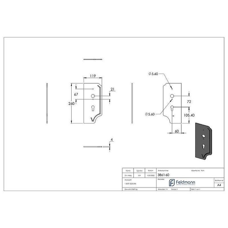 Lock plate perforated, RIGHT, with backset 60mm, distance 72mm