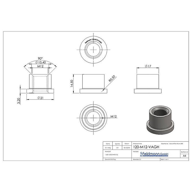 Douille taraudée, adapté au gond 120-M12-VA, pour tube plat, V2A