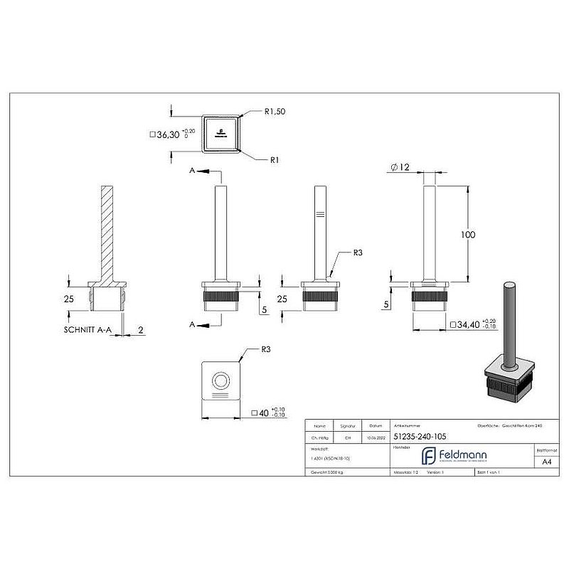 end plug with pin for pipe 40 x 40 x 2,0mm, height 105mm, AISI304