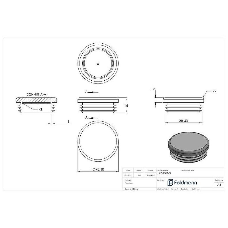 Plastic end cap for round tube 42.4 mm