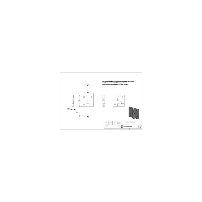 Scharnier 20x20mm mit festem Zapfen