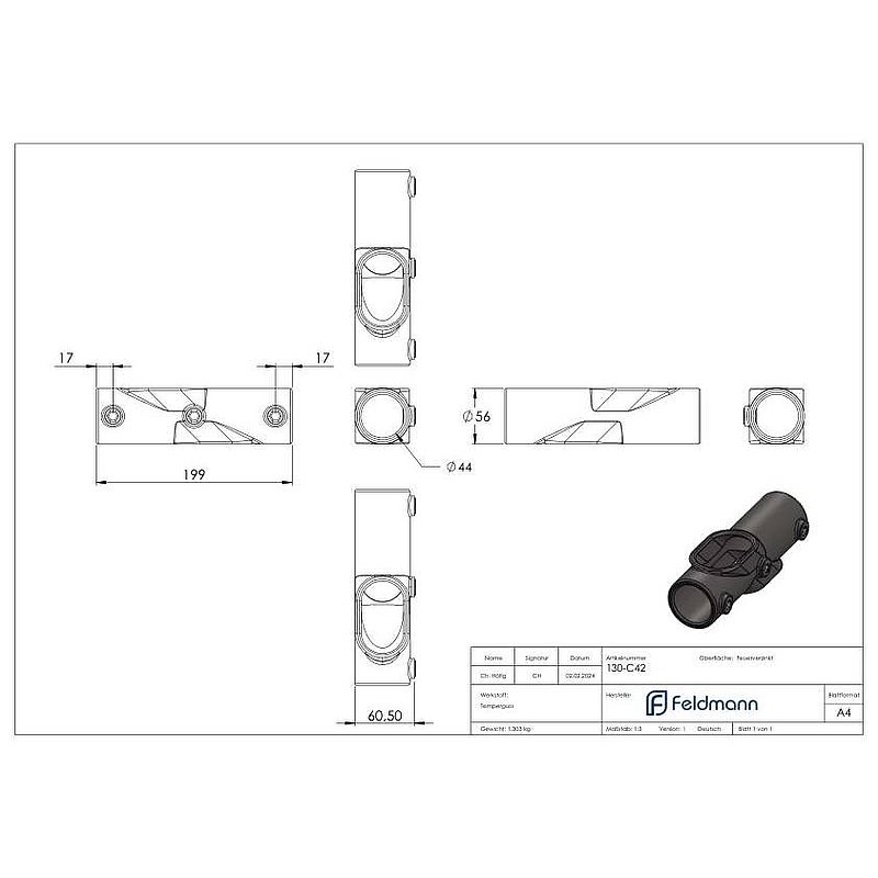 Raccord en croix, réglable 30 - 45°, pour tube Ø 42,4mm