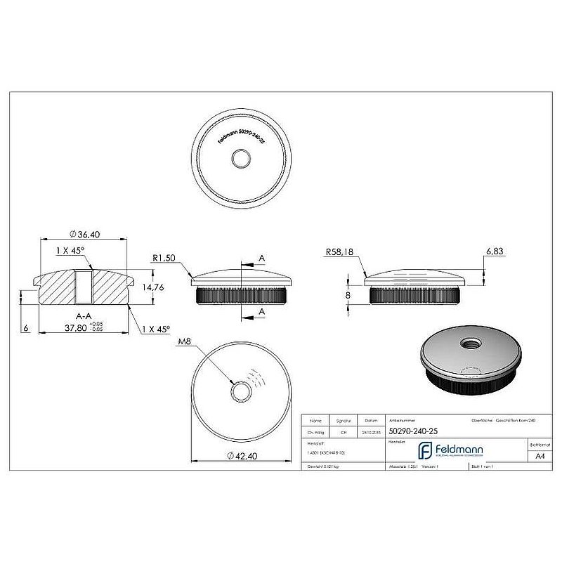 Rohrabschlussstopfen, für Rohr 42,4x2,5mm, V2A