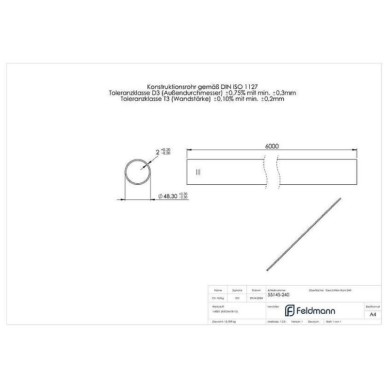 Stainless steel tube, 48,3x2,0mm, L: 6000mm, AISI304