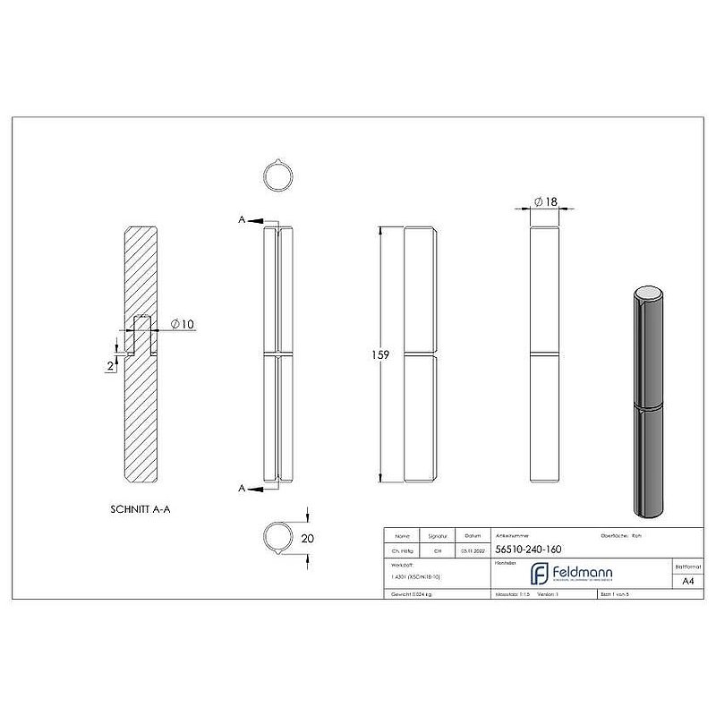 Weld-on strap, L: 160mm, with fixed pin, AISI304