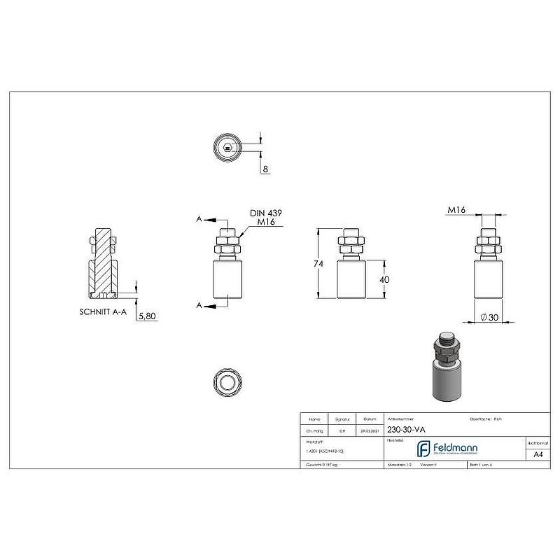 Führungsrolle Ø 30 x 40mm, Gewinde M16, V2A