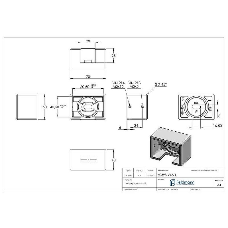 Wandbefestigung für Nutrohr 60x40mm, links, V4A