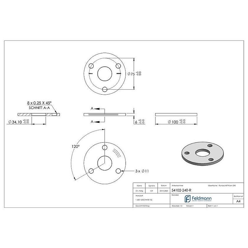 Anchor plate Ø 100x6mm, with round grinding, AISI304