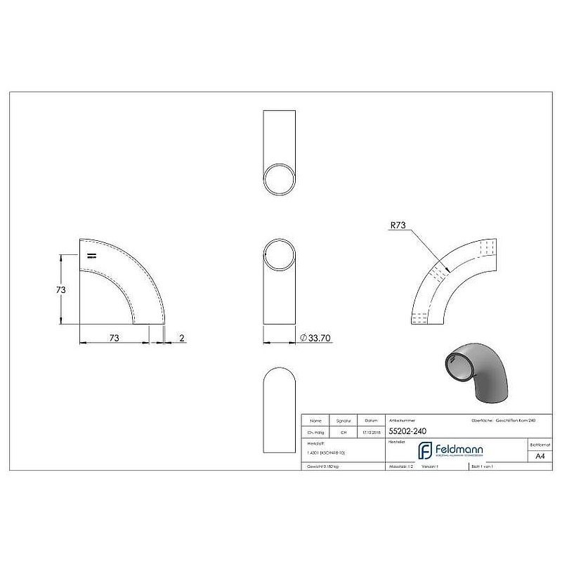 Schweißbogen 90°, 33,7x2,0mm, V2A