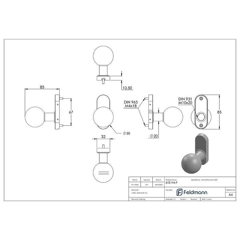 Handle knob, Ø 50mm, fixed, AISI304