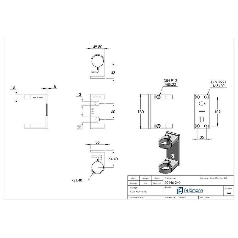 Wall mounting for railing posts 42.4 mm, AISI304