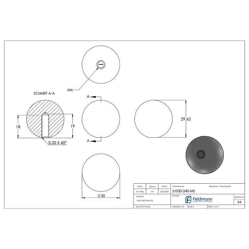 Boule laiton pleine Ø 30mm avec M6