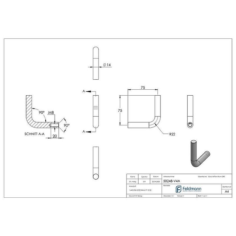 Bracket Ø 14mm, 90° bent, AISI316