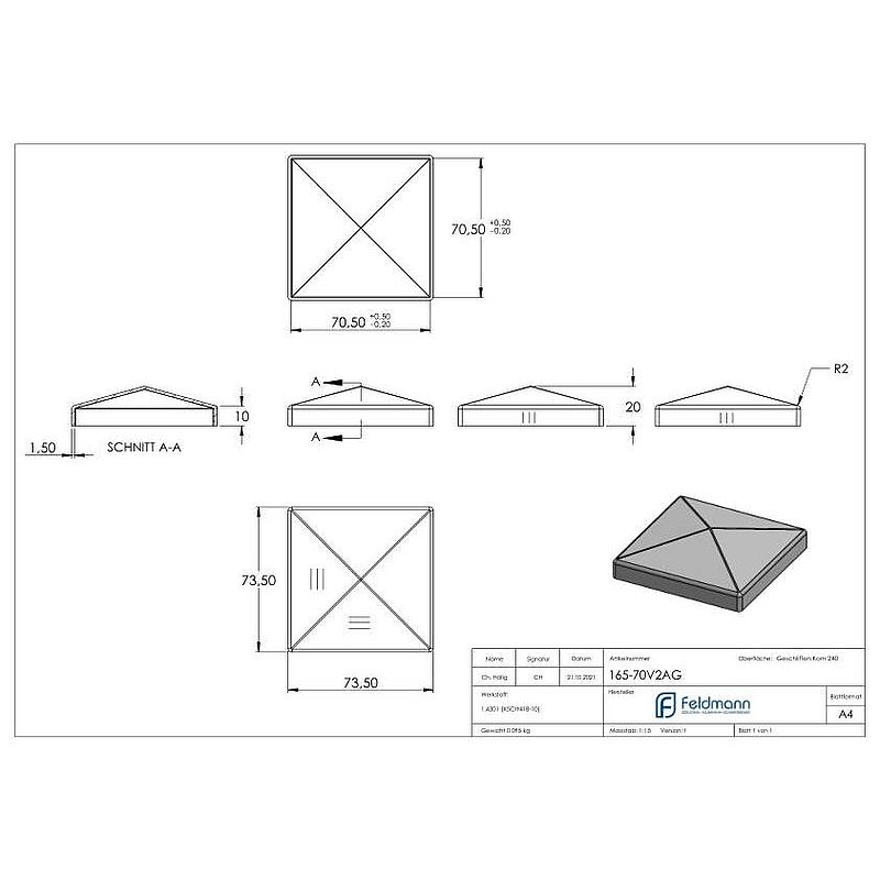 Chapeau pyramidal, pour tube carré 70x70mm, V2A