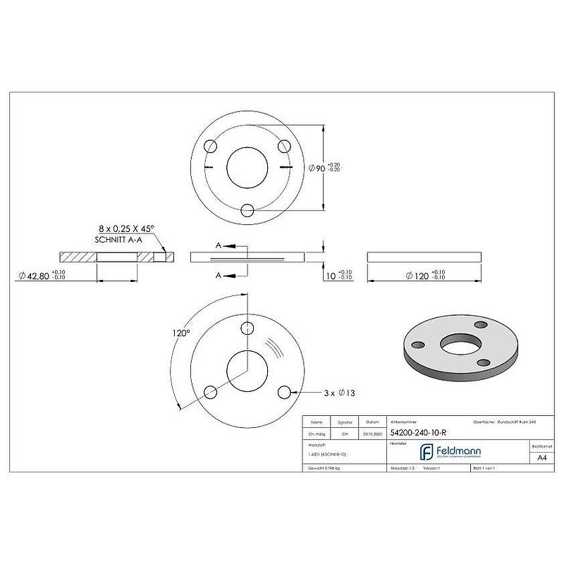 Anchor plate Ø 120x10mm, with round grinding, AISI304