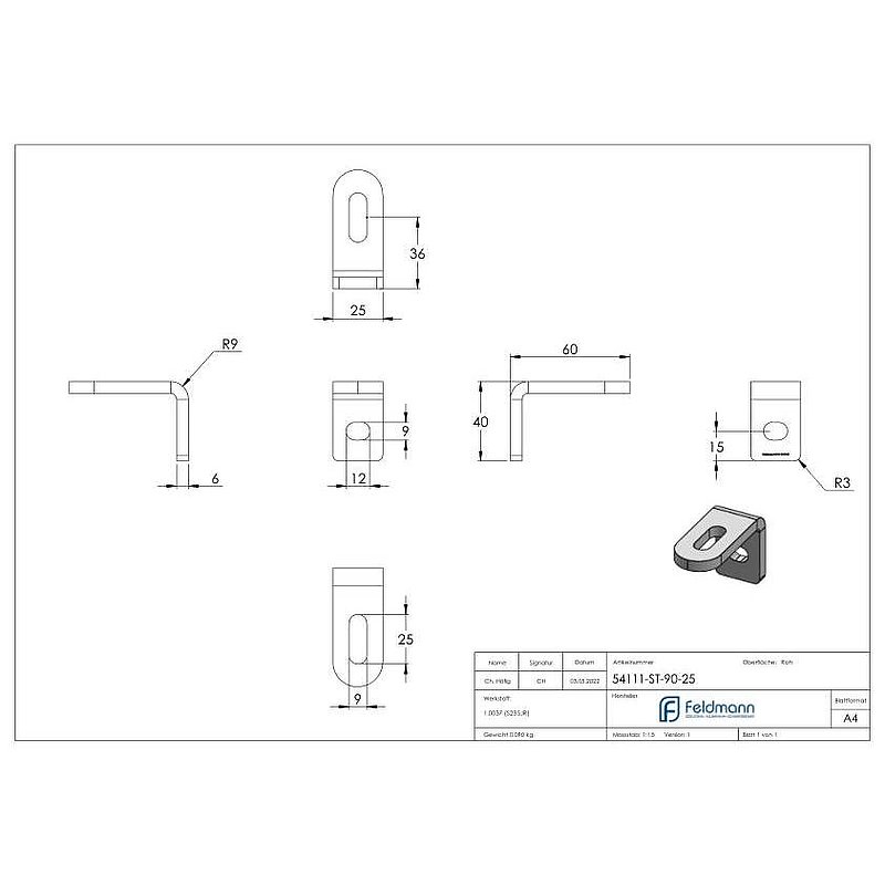 Angle welding bracket, 60x40x25x6mm