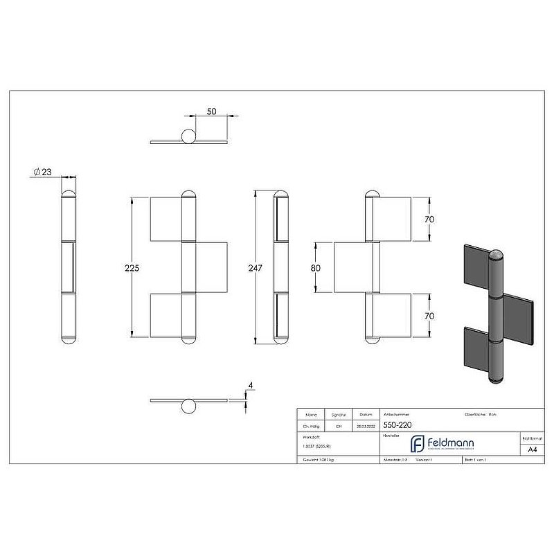 Konstruktionsband 3-teilig, L: 220mm, Typ K08