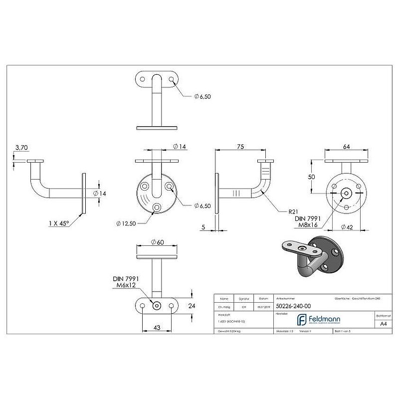 Handrail holder without cable gland for LED handrails, solid material, AISI304