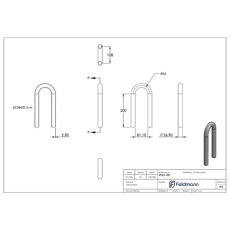 Tube acier cintré 180°, 26,9x2,3mm