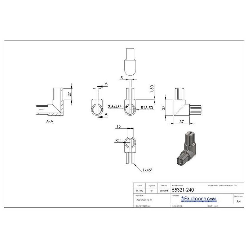 Raccord d'angle pour profilés de serrage rond Ø 27x1,5 mm, V2A
