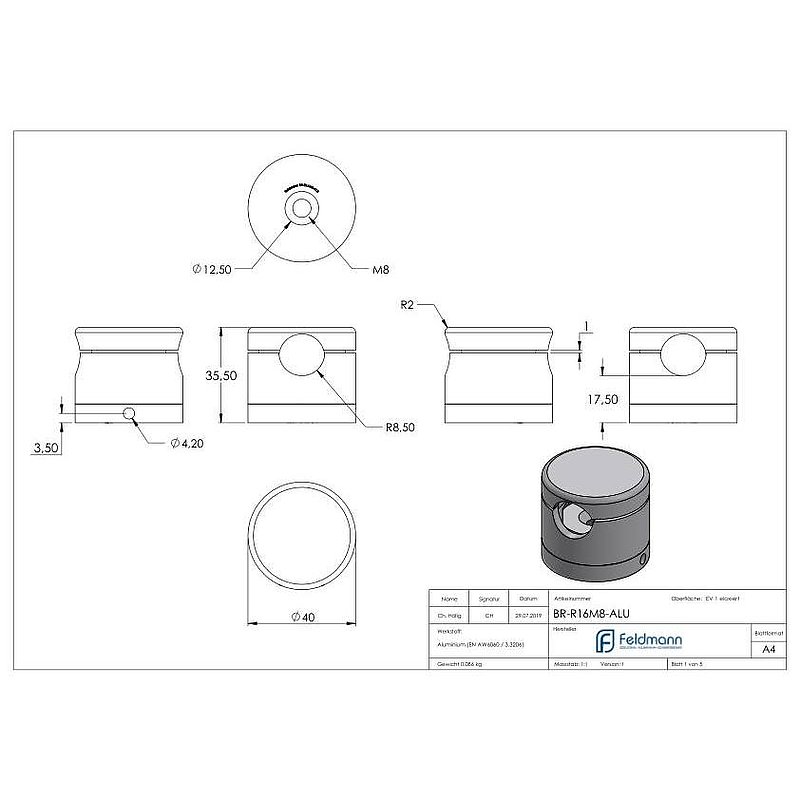 Brenk, support de base pour barreaux Ø 16mm, ALU