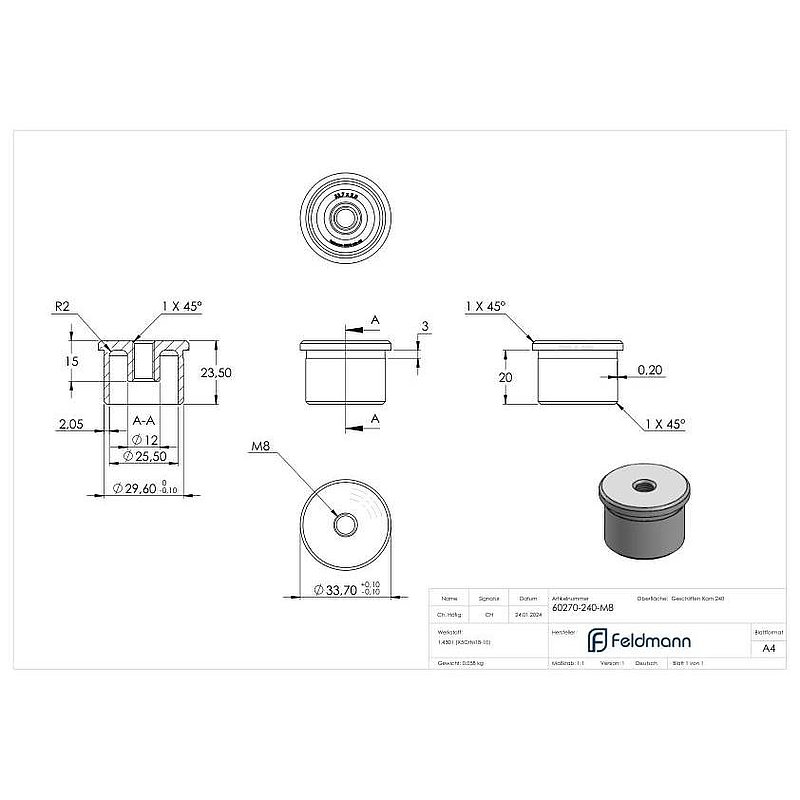 Tube end plug for gluing with M8 for 33.7x2.0mm, AISI304