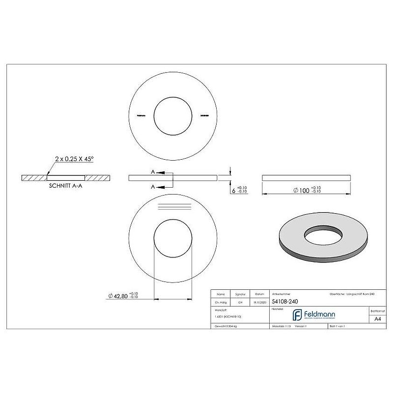 Ankerplatte Ø 100x6mm, mit Längsschliff, V2A
