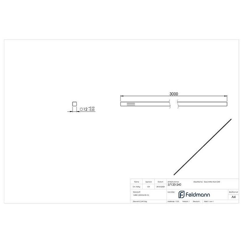 Barre carrée acier inoxydable 12x12mm, L: 3000mm, V2A