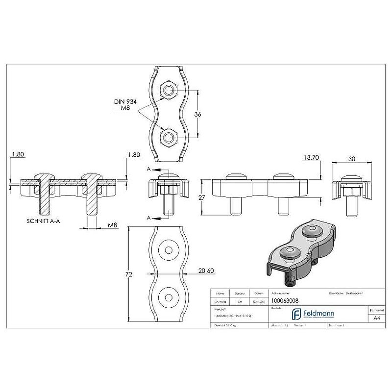 Duplex clamps for rope 8mm, AISI316
