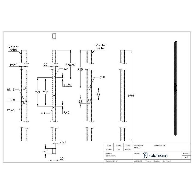 Schlossrohr 40x30 gehämmert, L:2000mm