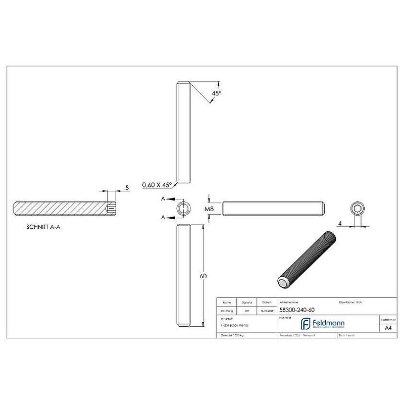 Gewindestift M8x60, V2A, DIN 913 / ISO 4026