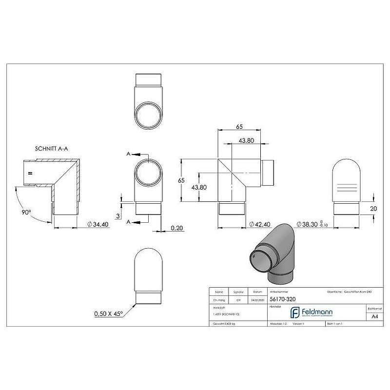 Corner piece 90°, for tube 42.4x2.0mm, AISI304