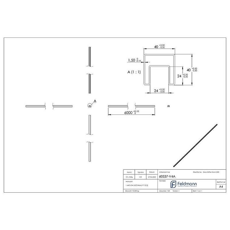 Quadratnutrohr, 40x40x1,5 mm, L: 6000mm, V4A