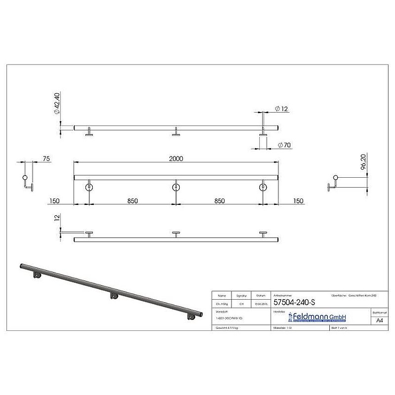 Handlauf, montagefertig, L: 2000mm, V2A