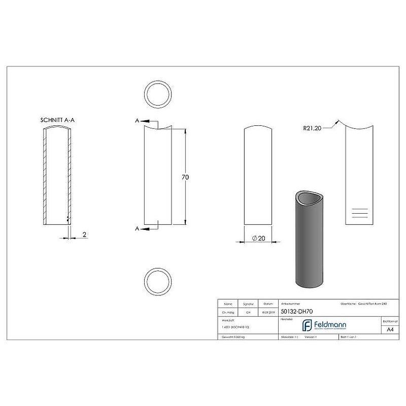 Distanzhülse, L: 70mm, für 42,4mm, V2A