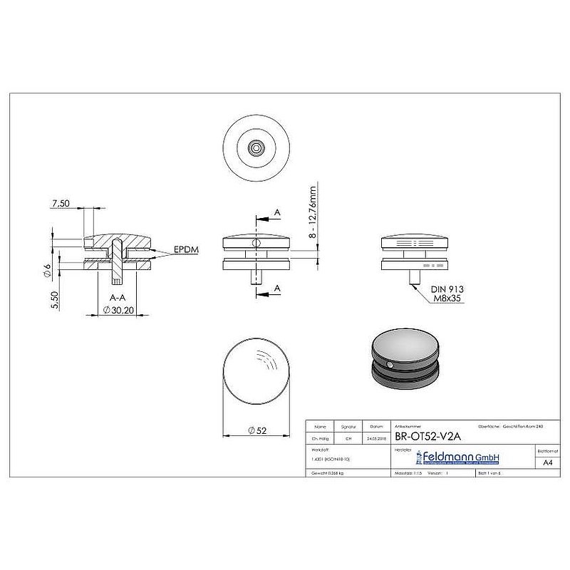 Point de fixation pour verre Ø 52 mm, adapté pour les supports Brenk, V2A