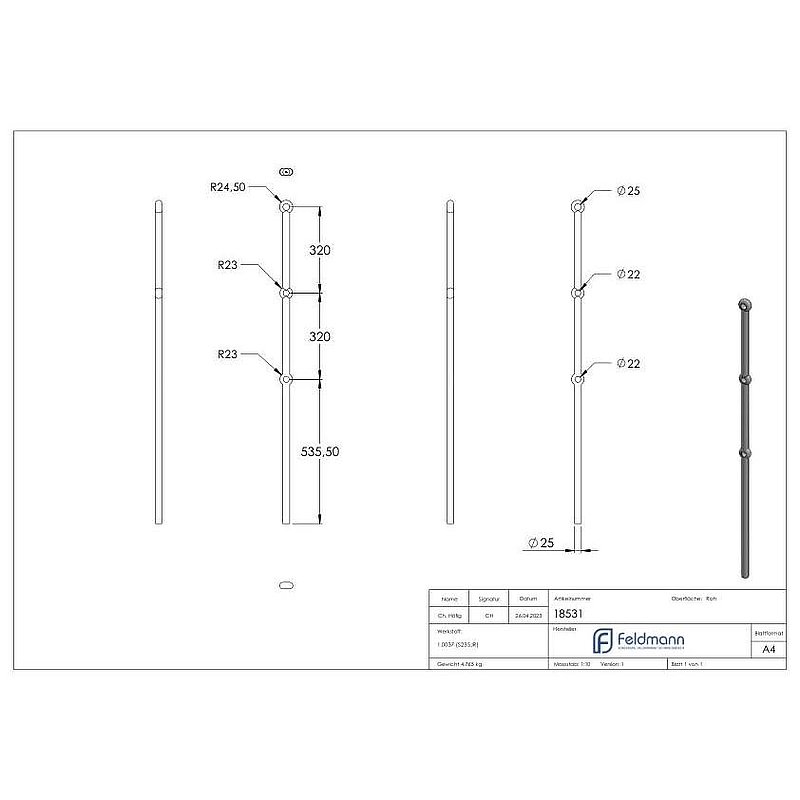 Post made of 25mm round, H: 1200mm, 3x perforated