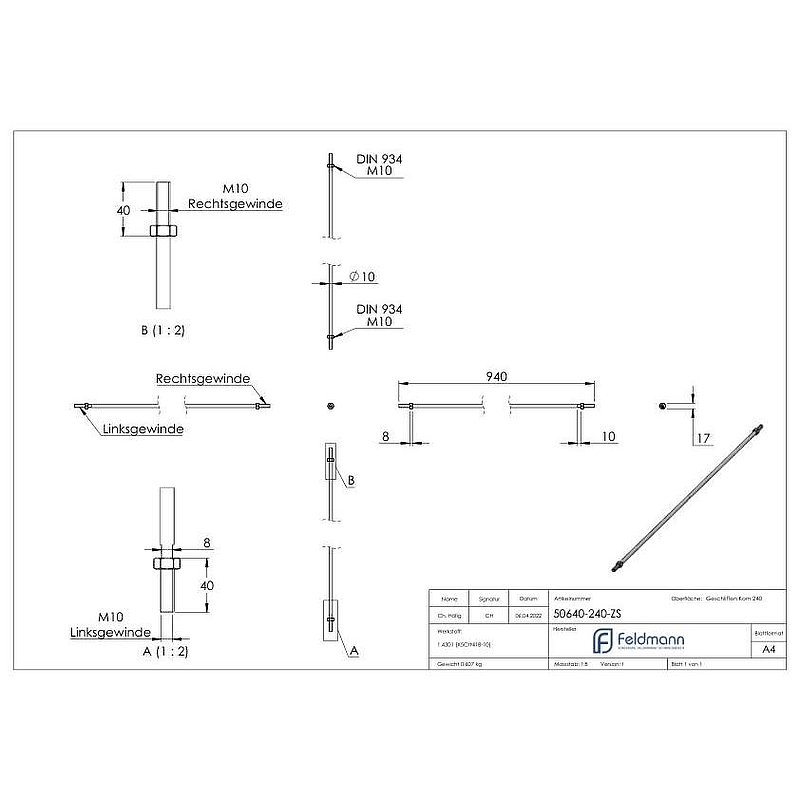 Zugstange zu Vordachsystem mit L: 940mm, V2A