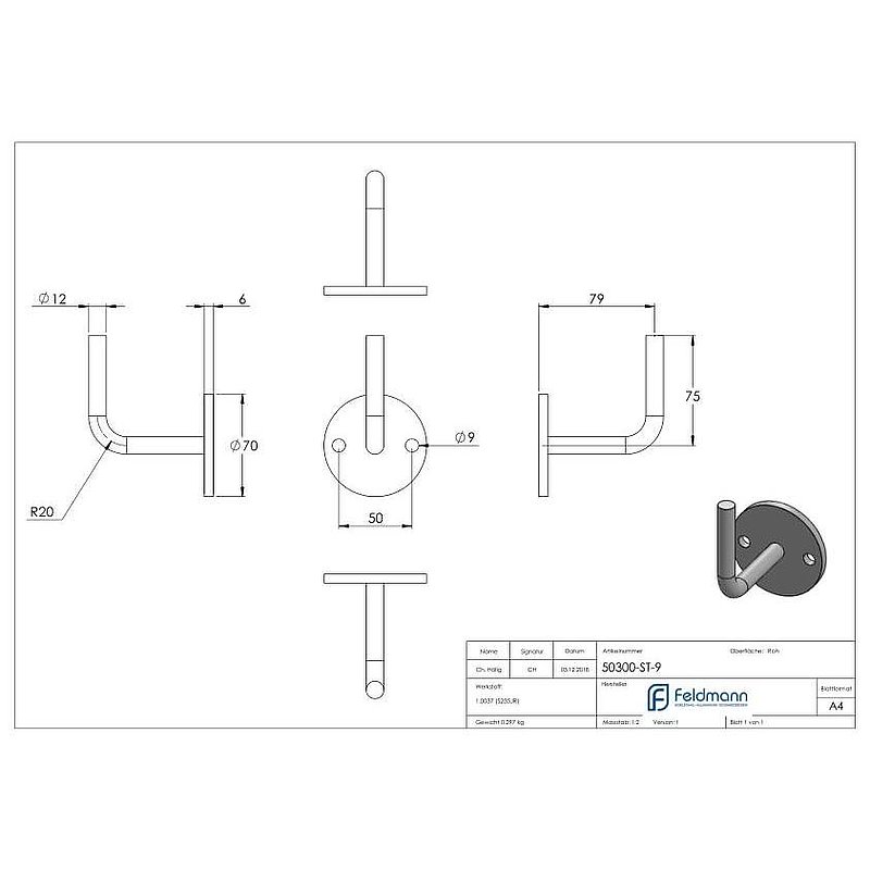 Handlaufträger mit Ronde flach, 70x6mm